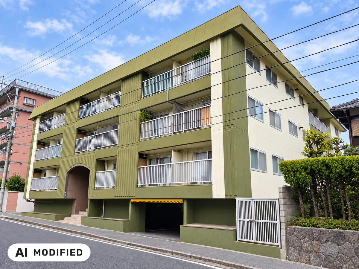 Dreistöckiges Wohn- und Bürogebäude mit olivgrüner Fassade und weißen Balkongeländern an einer Straße in Kitakyushu, Sitz der QkSkima K.K. Unten links das EU-Kennzeichen „AI modified“.